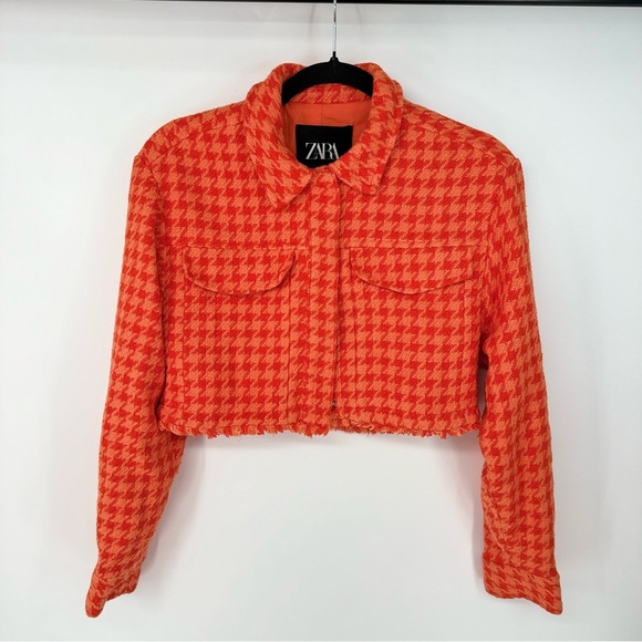 ZARA Orange Houndstooth Cropped Tweed Jacket - Picture 1 of 4